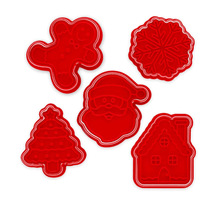 Kit 5 Cortadores de Biscoitos Natalícios com Carimbo