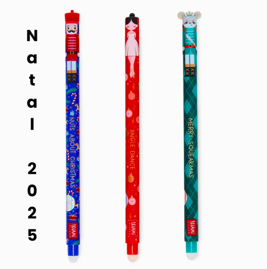 Pack Natal 2025 Canetas Legami - 3 canetas apagáveis em edição especial, cores azul, vermelho e verde.
